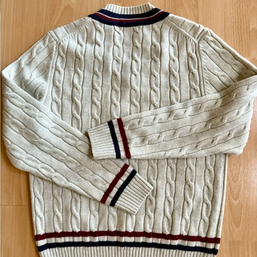 Brooks Brothers Tennis V-Neck Cable Knit Sweater Navy/ Red Accents Vintage Large